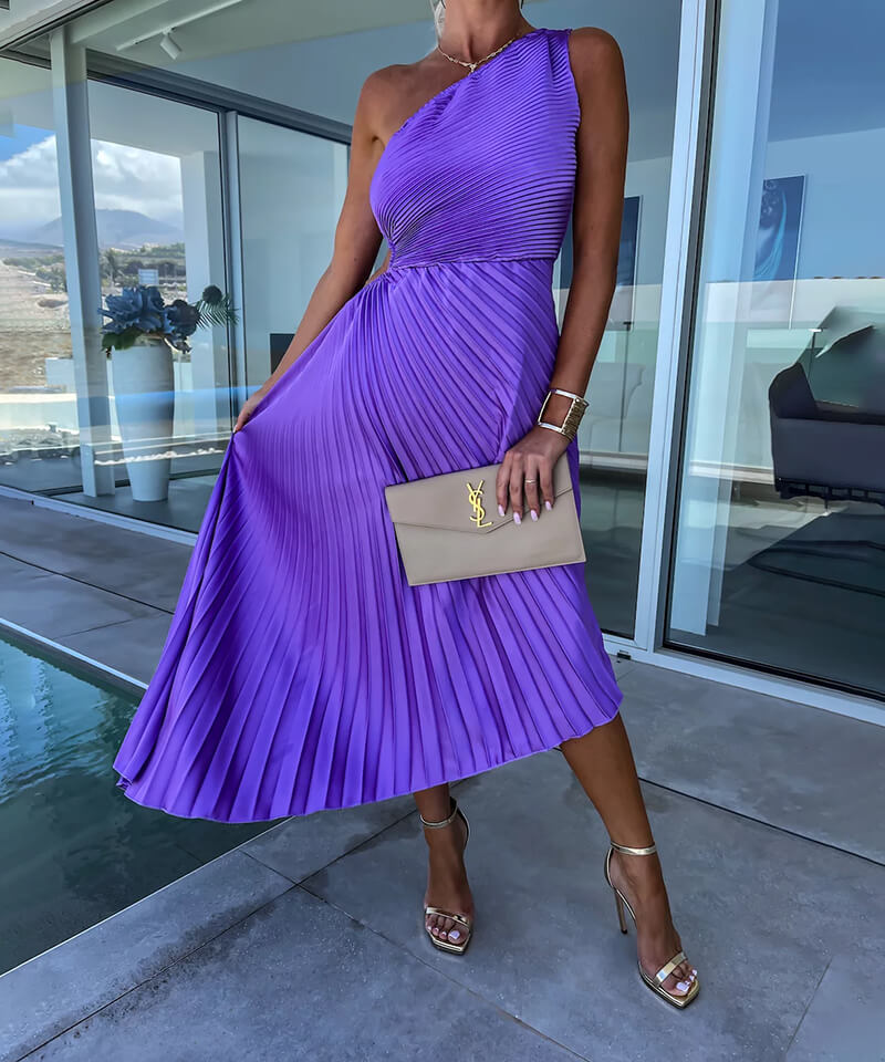 Elegant One Shoulder Midi Evening Dress for Women