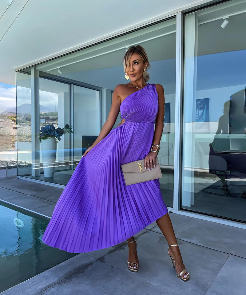 Elegant One Shoulder Midi Evening Dress for Women