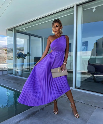 Elegant One Shoulder Midi Evening Dress for Women