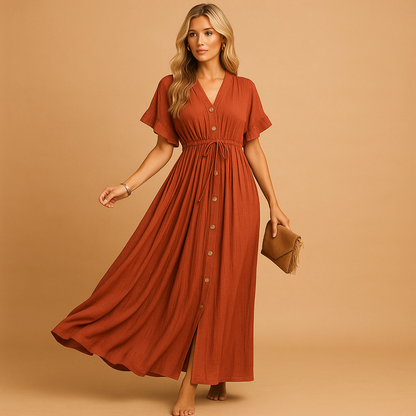 Flowy beach cover up dress for women in orange cotton blend fabric, ideal for wearing over swimwear at the beach, pool, or during summer vacations.