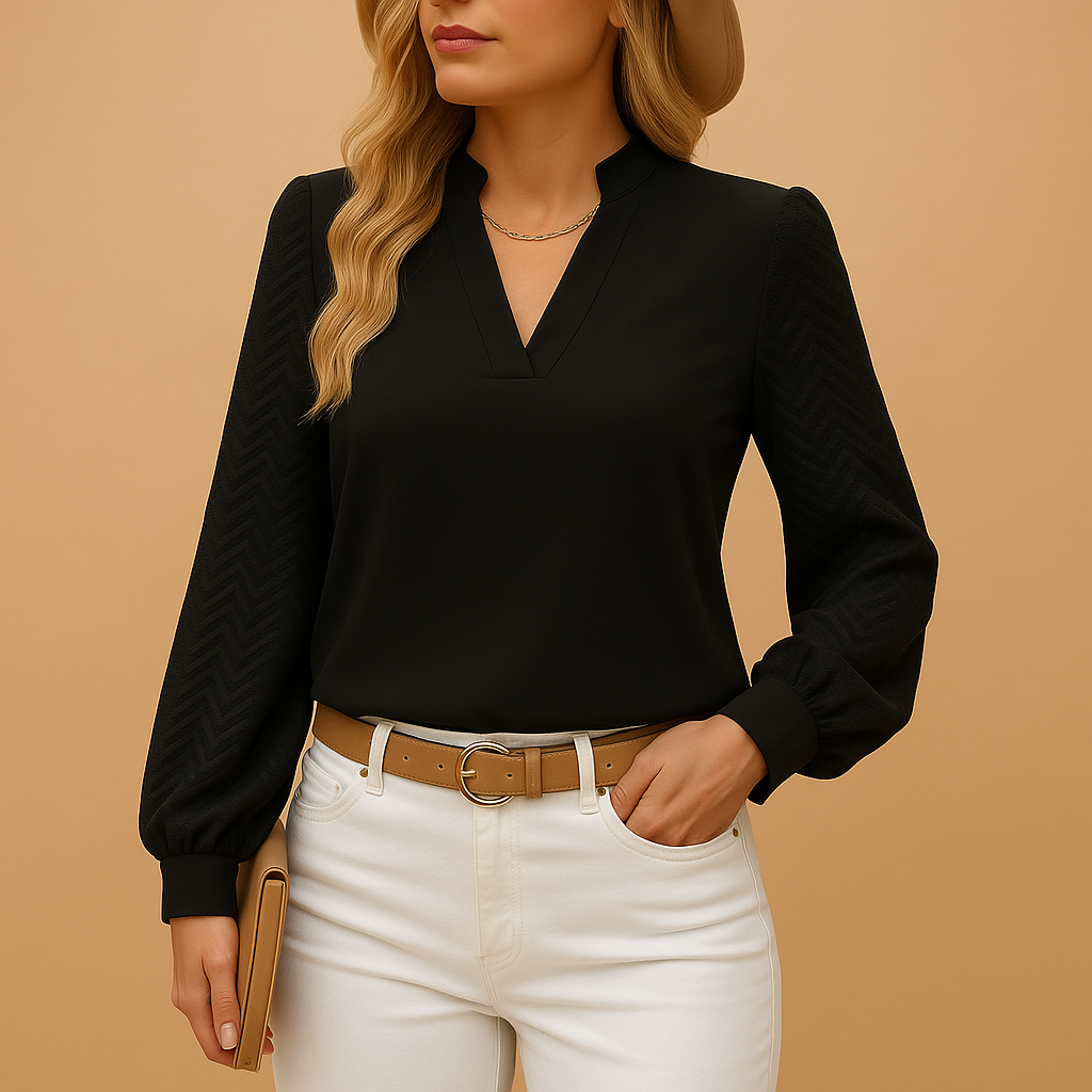 Women’s flowy v-neck elegant top with a flattering fit, suitable for work, everyday wear, and layering under a blazer across all seasons.