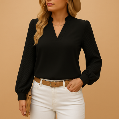 Women’s flowy v-neck elegant top with a flattering fit, suitable for work, everyday wear, and layering under a blazer across all seasons.
