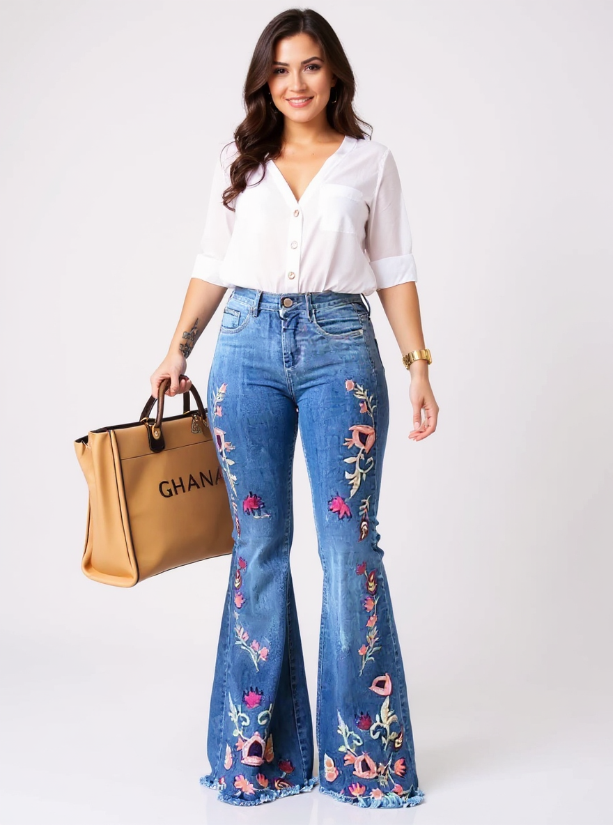 Women's Floral Print High-Waisted Slim Fit Jeans Dark Blue