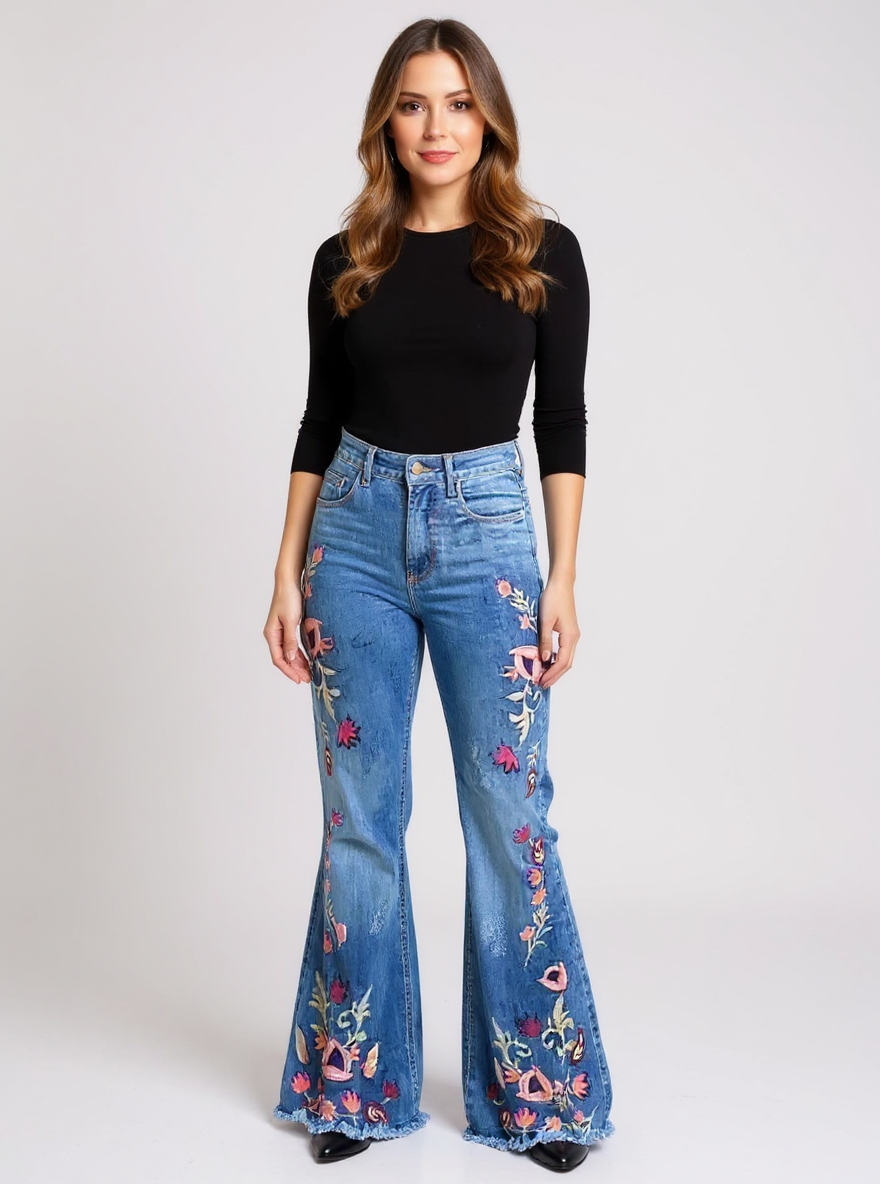 Women's Floral Print High-Waisted Slim Fit Jeans Dark Blue - VibreMode