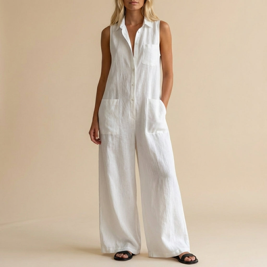 Women's Sleeveless Wide Leg Jumpsuit Button Front Pockets - VibreMode