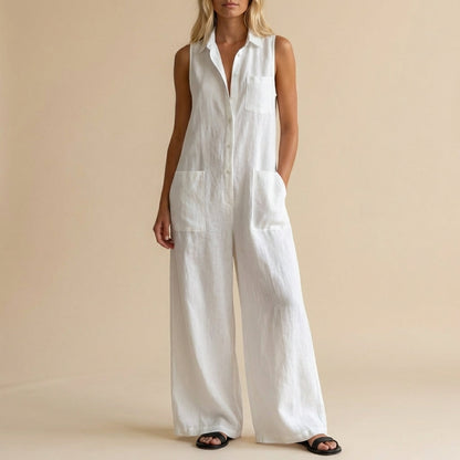 Women's Sleeveless Wide Leg Jumpsuit Button Front Pockets - VibreMode
