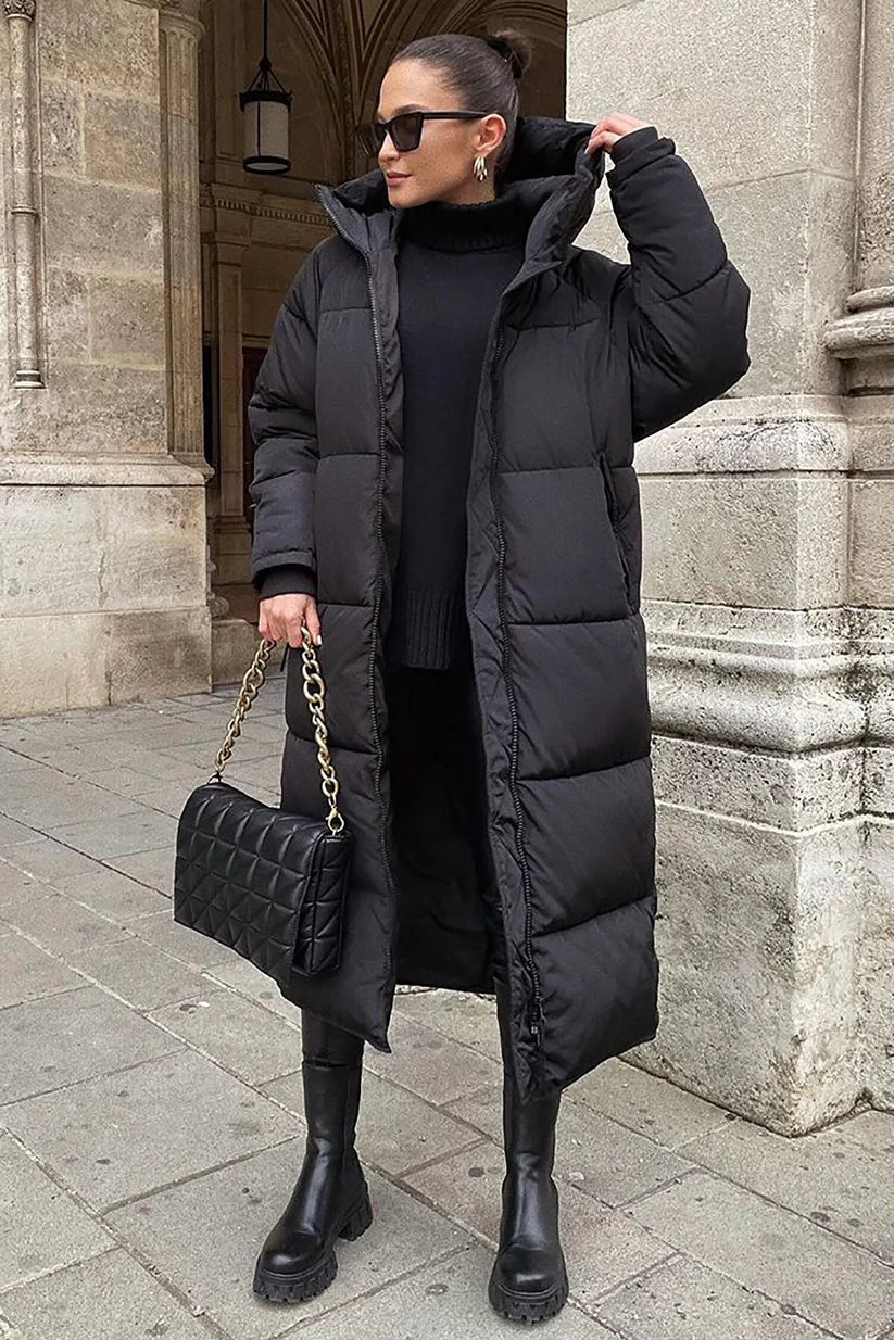 Women's Quilted Puffer Coat Long Hooded High Neck Black - VibreMode