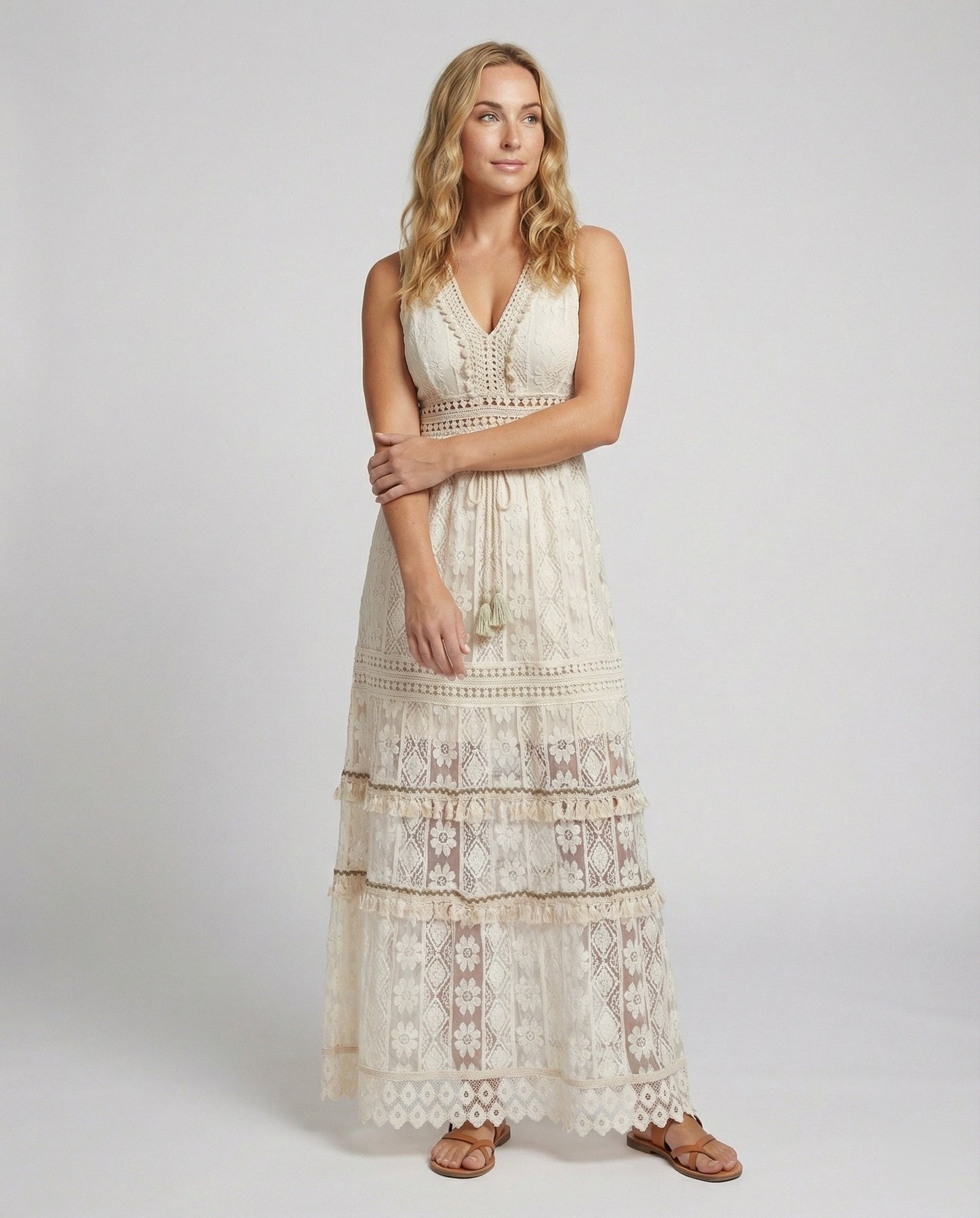 Women's Lace Maxi Dress Tiered Tassel Waist - VibreMode