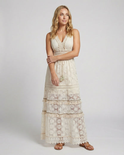Women's Lace Maxi Dress Tiered Tassel Waist - VibreMode