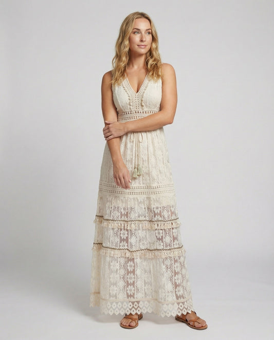 Women's Lace Maxi Dress Tiered Tassel Waist - VibreMode