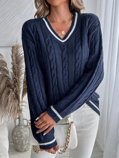 Image of Gale | Women's Cable Knit V-Neck Long Sleeve Sweater
