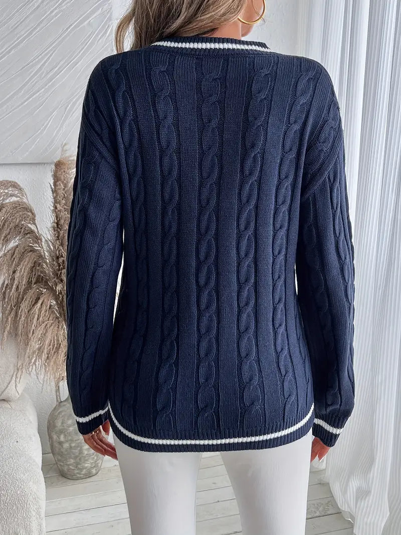Image of Gale | Women's Cable Knit V-Neck Long Sleeve Sweater