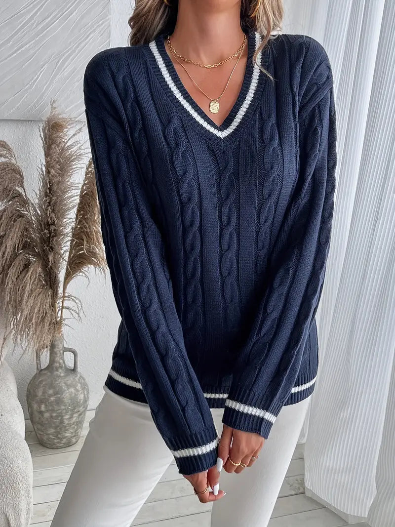 Image of Gale | Women's Cable Knit V-Neck Long Sleeve Sweater