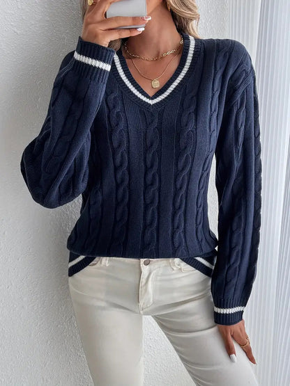 Women's V-Neck Cable Knit Sweater Long Sleeve - VibreMode