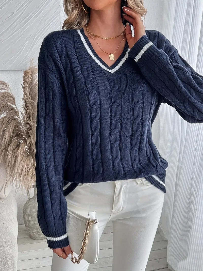 Image of Gale | Women's Cable Knit V-Neck Long Sleeve Sweater