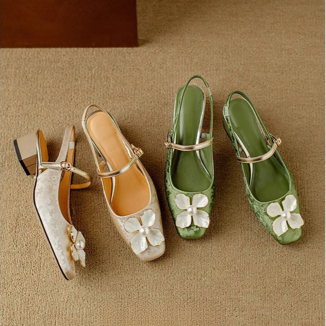 Women's Floral Pumps Block Heel Jacquard Strap