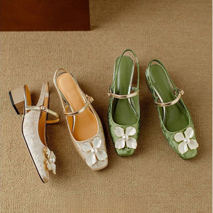 Women's Floral Slingback Pumps Square Toe Block Heel Shoes