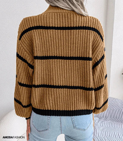 Women's Striped Turtleneck Sweater Long-Sleeve Knit