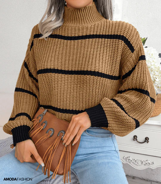Women's Striped Turtleneck Sweater Long-Sleeve Knit - VibreMode