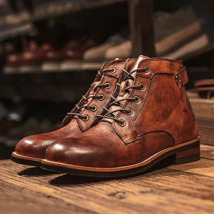 Men's Vintage Ankle Boots Lace-Up Leather Rugged Brown - VibreMode