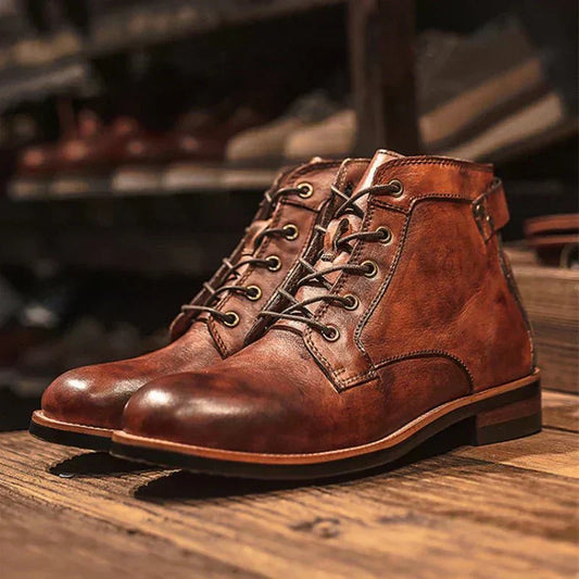 Men's Vintage Ankle Boots Lace-Up Leather Rugged Brown - VibreMode