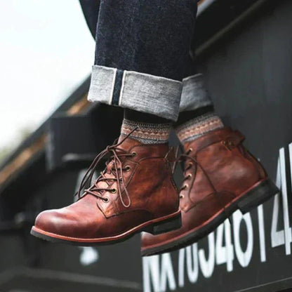 Men's Vintage Ankle Boots Lace-Up Leather Rugged Brown