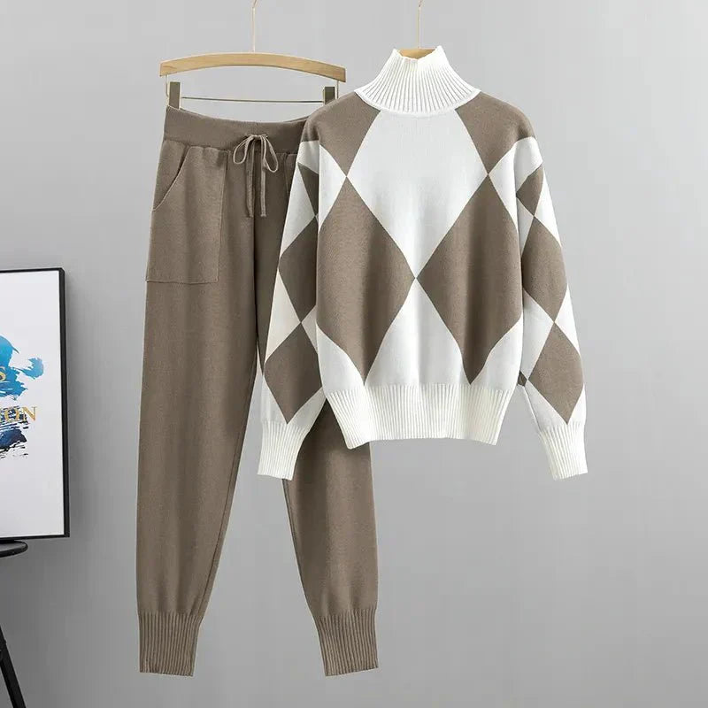 Women's Knit Two-Piece Set Turtleneck Bottoms - VibreMode