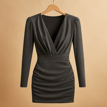 Women’s black glitter evening dress with long sleeves and flattering stretch fit, perfect for formal dinners and elegant parties.