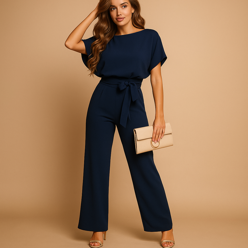 Woman wearing a glitter halter jumpsuit with an open back and flared legs, perfect for galas, parties, and festive occasions.