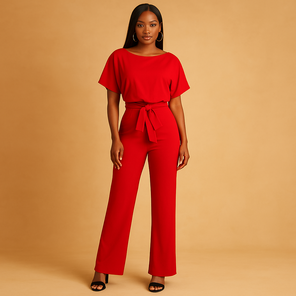 Woman wearing a glitter halter jumpsuit with an open back and flared legs, perfect for galas, parties, and festive occasions.