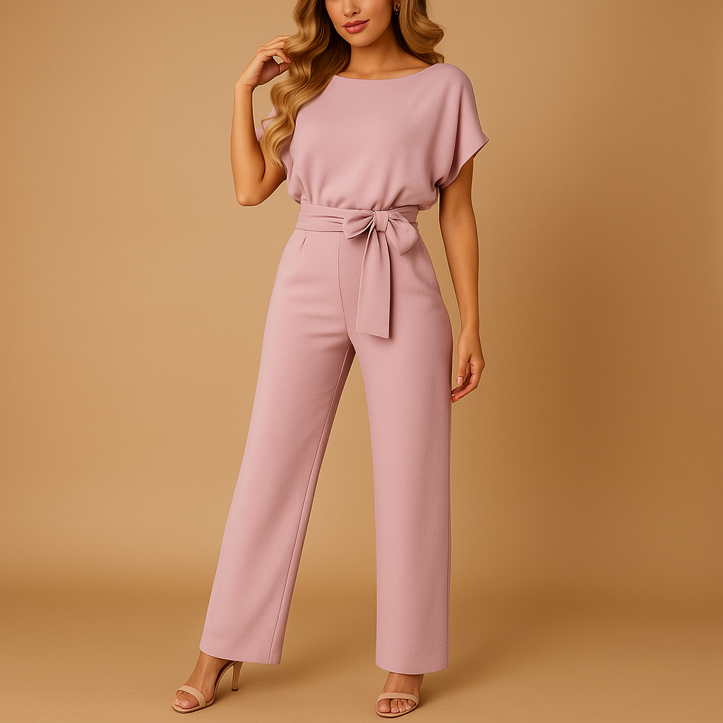 Woman wearing a glitter halter jumpsuit with an open back and flared legs, perfect for galas, parties, and festive occasions.