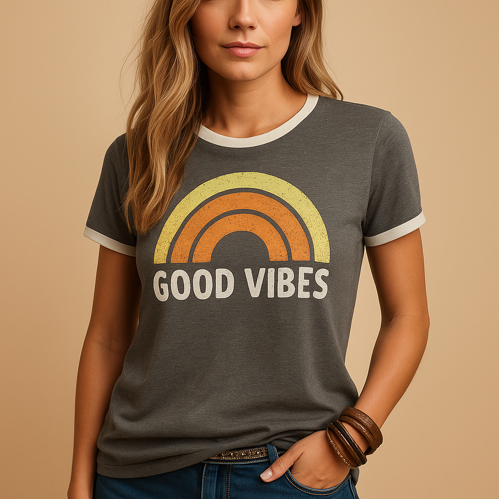 Women’s loose fit graphic t-shirt with Good Vibes print, soft and comfortable, ideal for summer days, casual outings, and relaxed everyday wear.