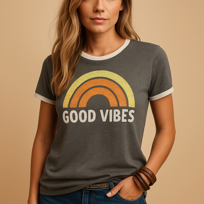 Women’s loose fit graphic t-shirt with Good Vibes print, soft and comfortable, ideal for summer days, casual outings, and relaxed everyday wear.