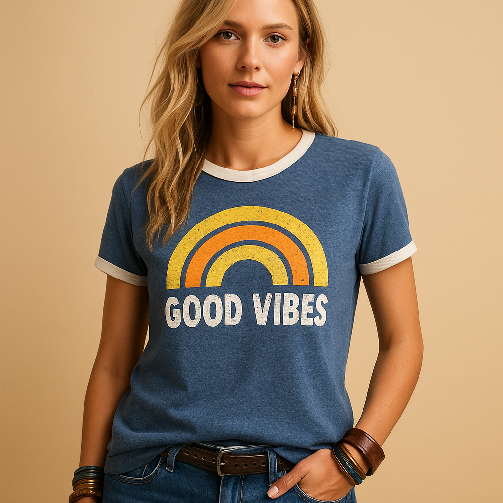 Women’s loose fit graphic t-shirt with Good Vibes print, soft and comfortable, ideal for summer days, casual outings, and relaxed everyday wear.