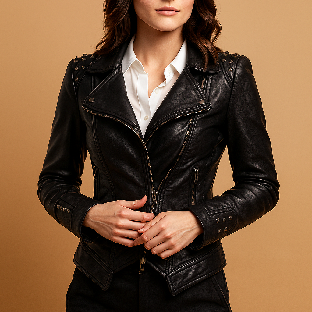 Woman wearing a slim fit gothic jacket with quilted details and silver hardware, styled for everyday wear and edgy city looks.