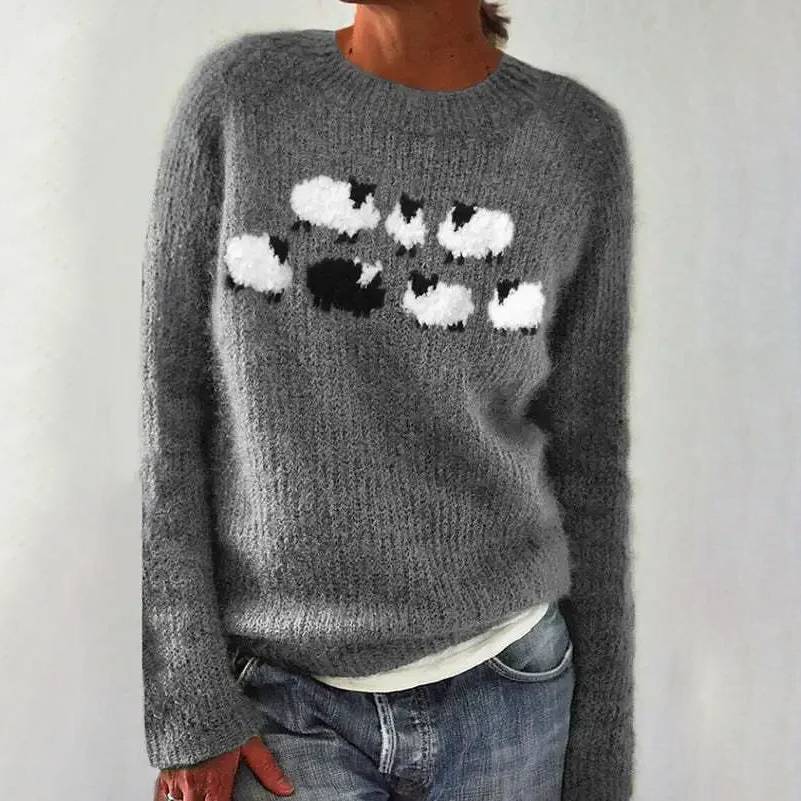 Women's Cozy Sheep Print Crew Neck Sweater - VibreMode