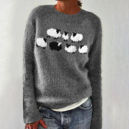 Women's Cozy Sheep Print Crew Neck Sweater - VibreMode