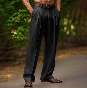 Men's Pleated Wide Leg Dress Pants Wool Black - VibreMode