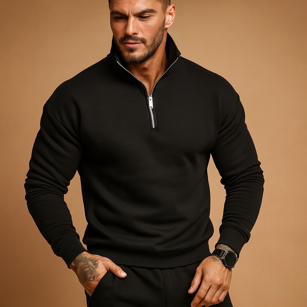 Men’s half-zip knitted sweater with soft comfortable fit, ideal for autumn and winter casual or formal looks.