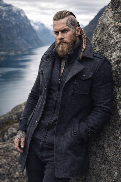 Men's Winter Coat Zip Up Button Detail