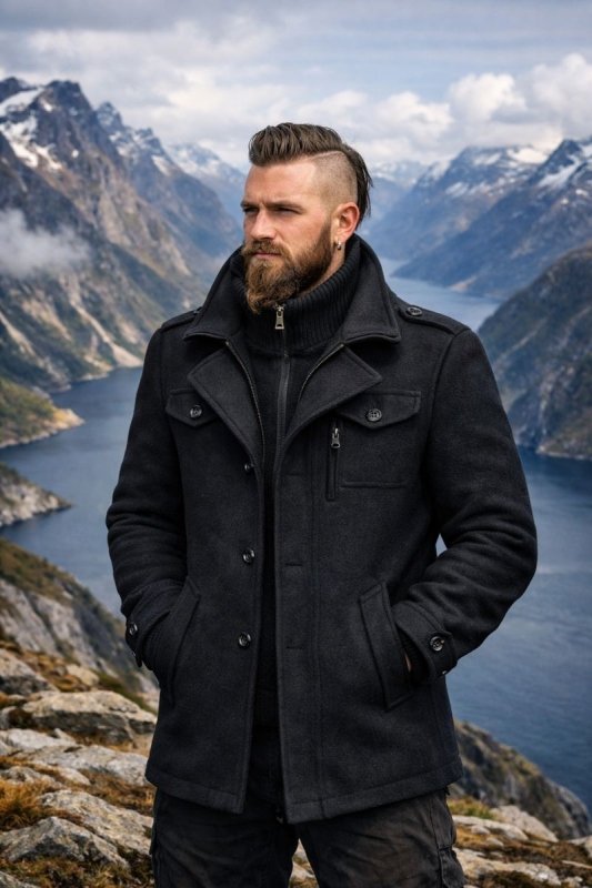 Men's Winter Coat Zip Up Button Detail