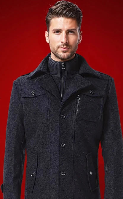 Men's Winter Coat Zip Up Button Detail - VibreMode