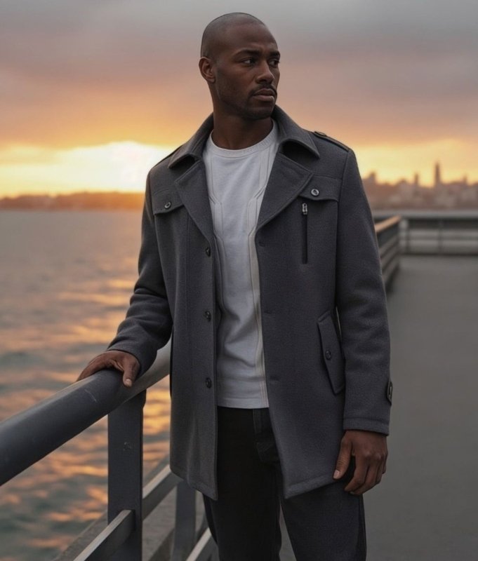 Men's Winter Coat Zip Up Button Detail