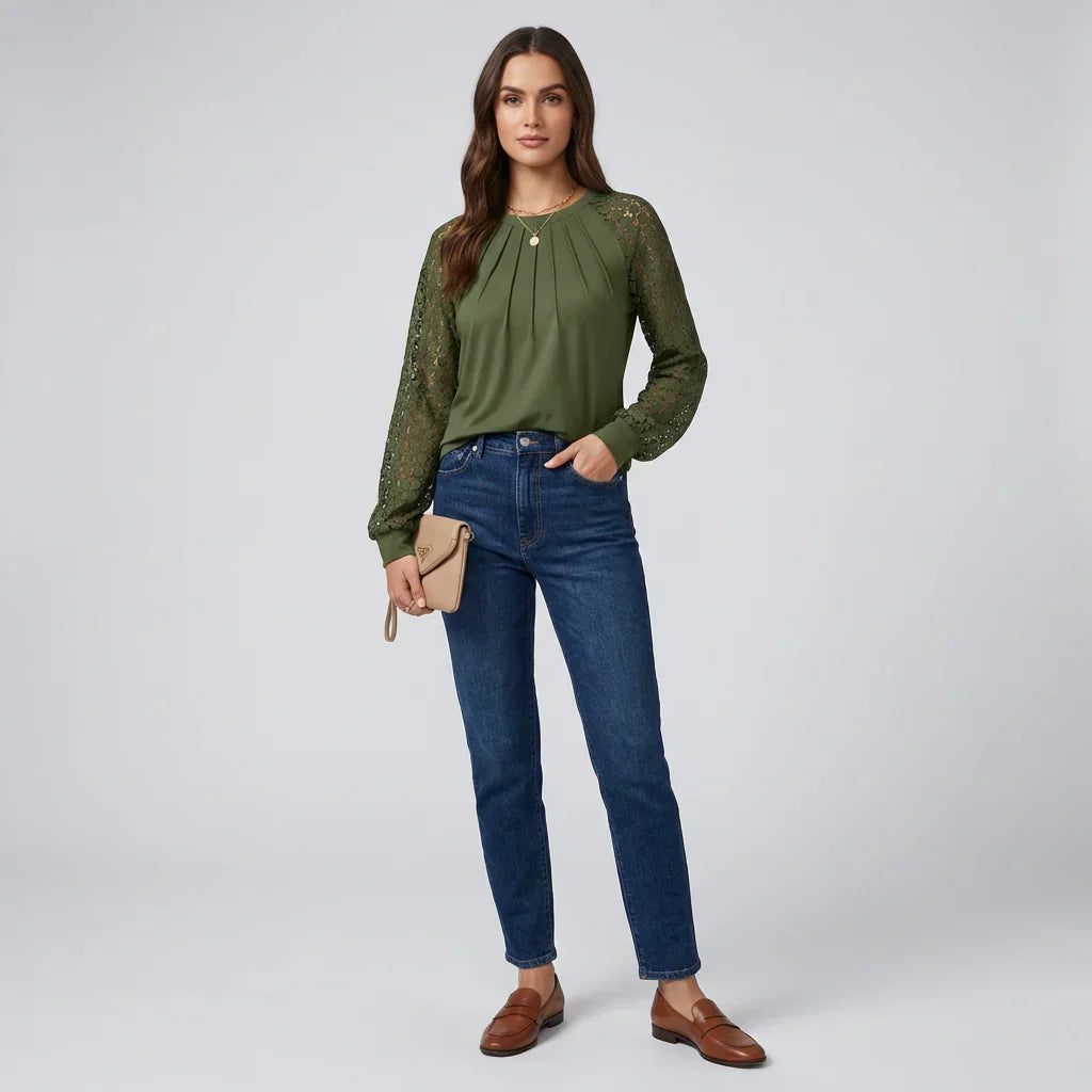 Women's Pleated Lace Long Sleeve Shirt - VibreMode