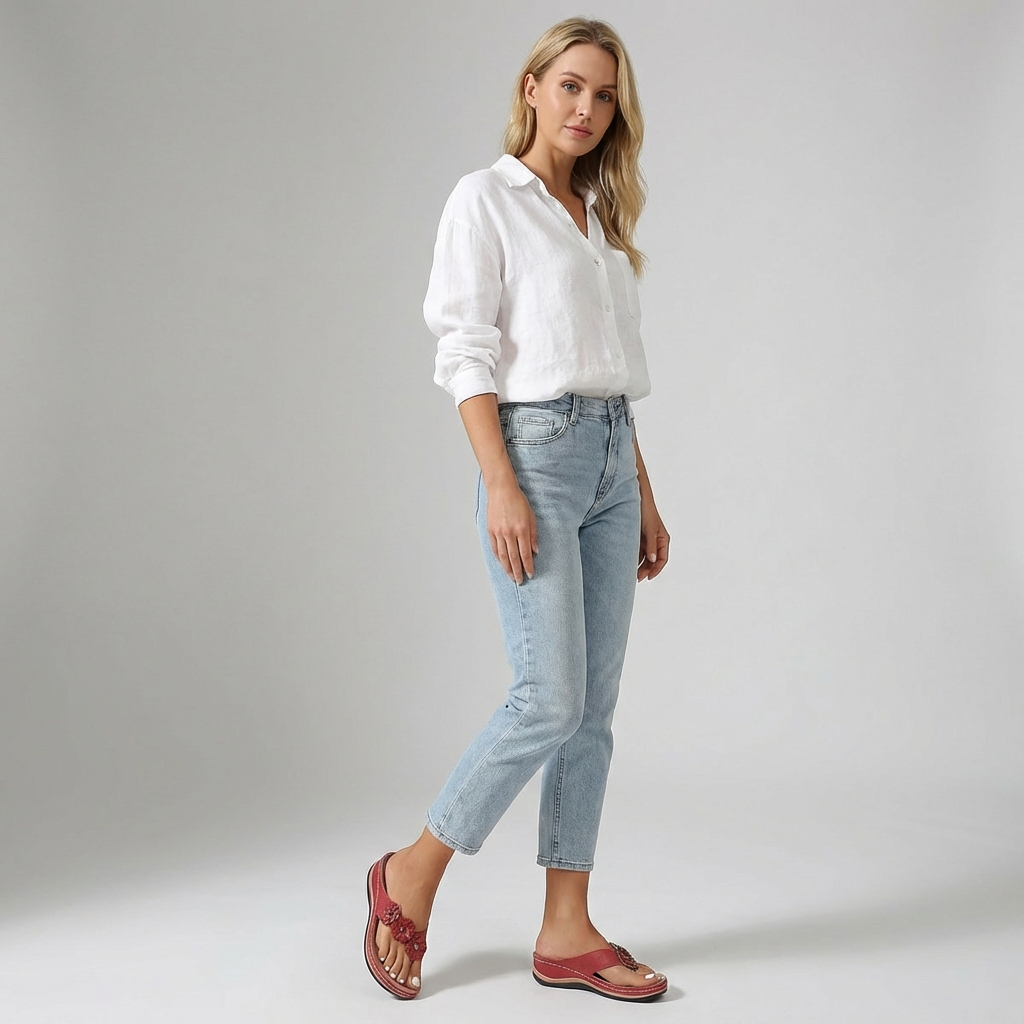 Comfortable Faux Leather Wedge Sandals with Flower Details - VibreMode