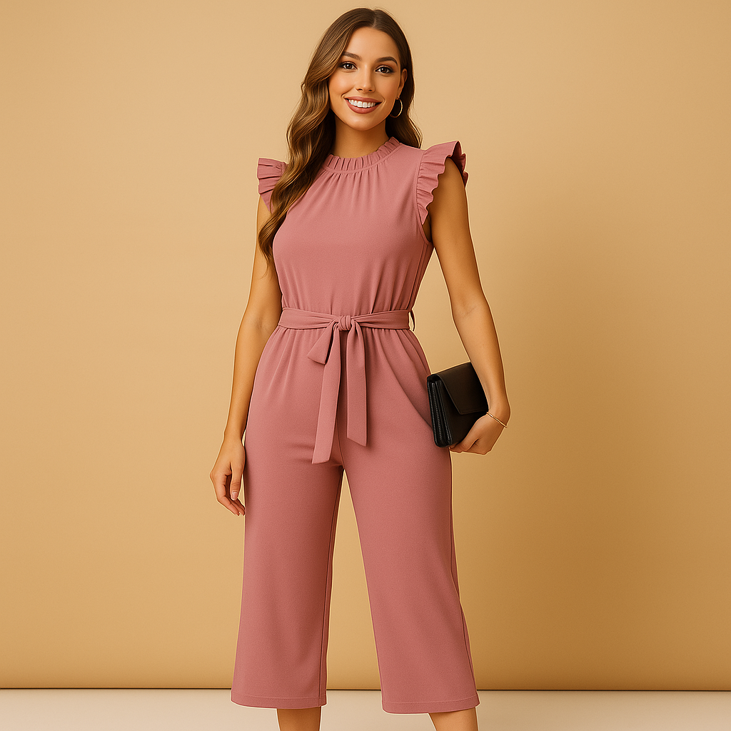 Woman wearing a high-neck tailored jumpsuit with cap sleeves and a waist belt, perfect for formal events, parties, and elegant dinners.