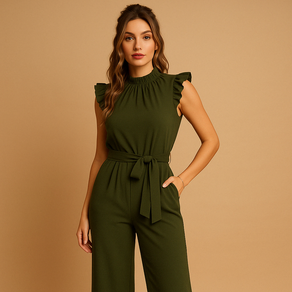 Woman wearing a high-neck tailored jumpsuit with cap sleeves and a waist belt, perfect for formal events, parties, and elegant dinners.