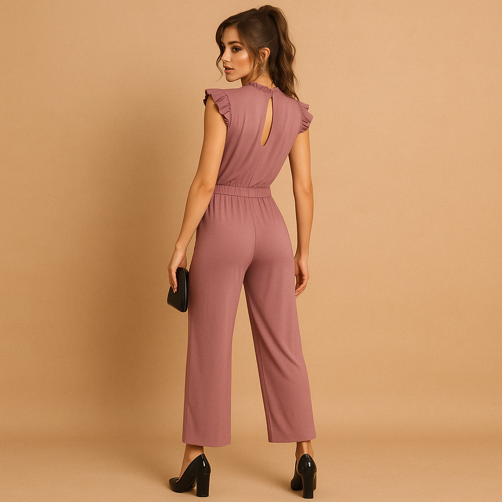 Woman wearing a high-neck tailored jumpsuit with cap sleeves and a waist belt, perfect for formal events, parties, and elegant dinners.