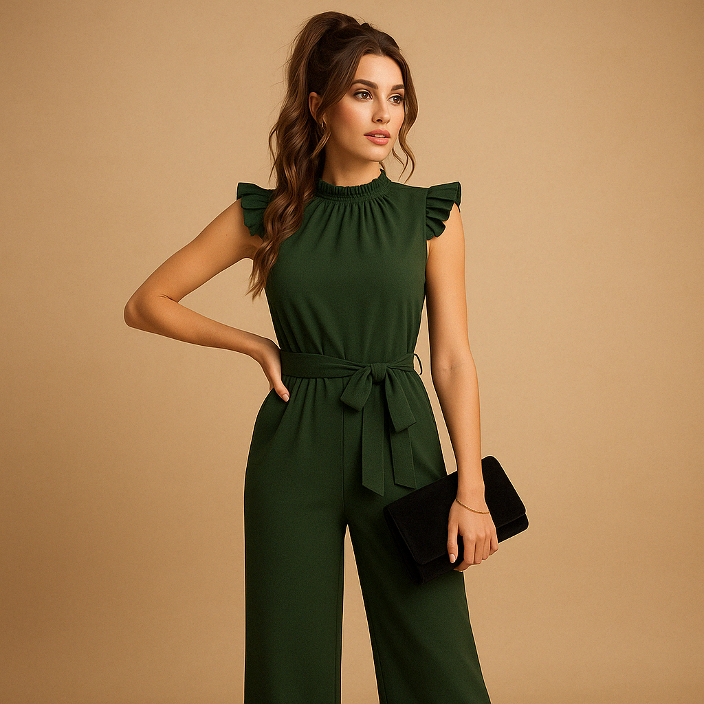 Woman wearing a high-neck tailored jumpsuit with cap sleeves and a waist belt, perfect for formal events, parties, and elegant dinners.