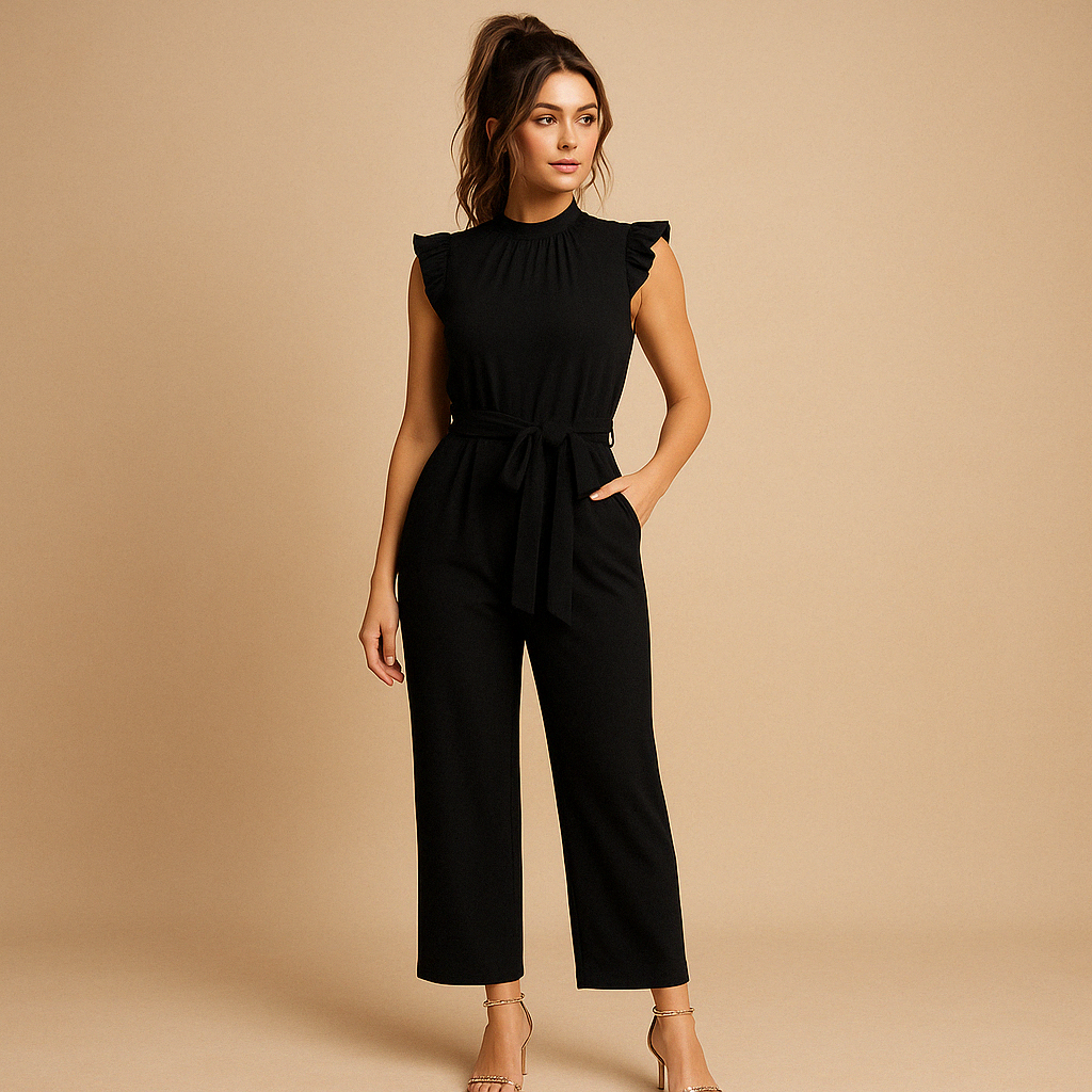 Woman wearing a high-neck tailored jumpsuit with cap sleeves and a waist belt, perfect for formal events, parties, and elegant dinners.